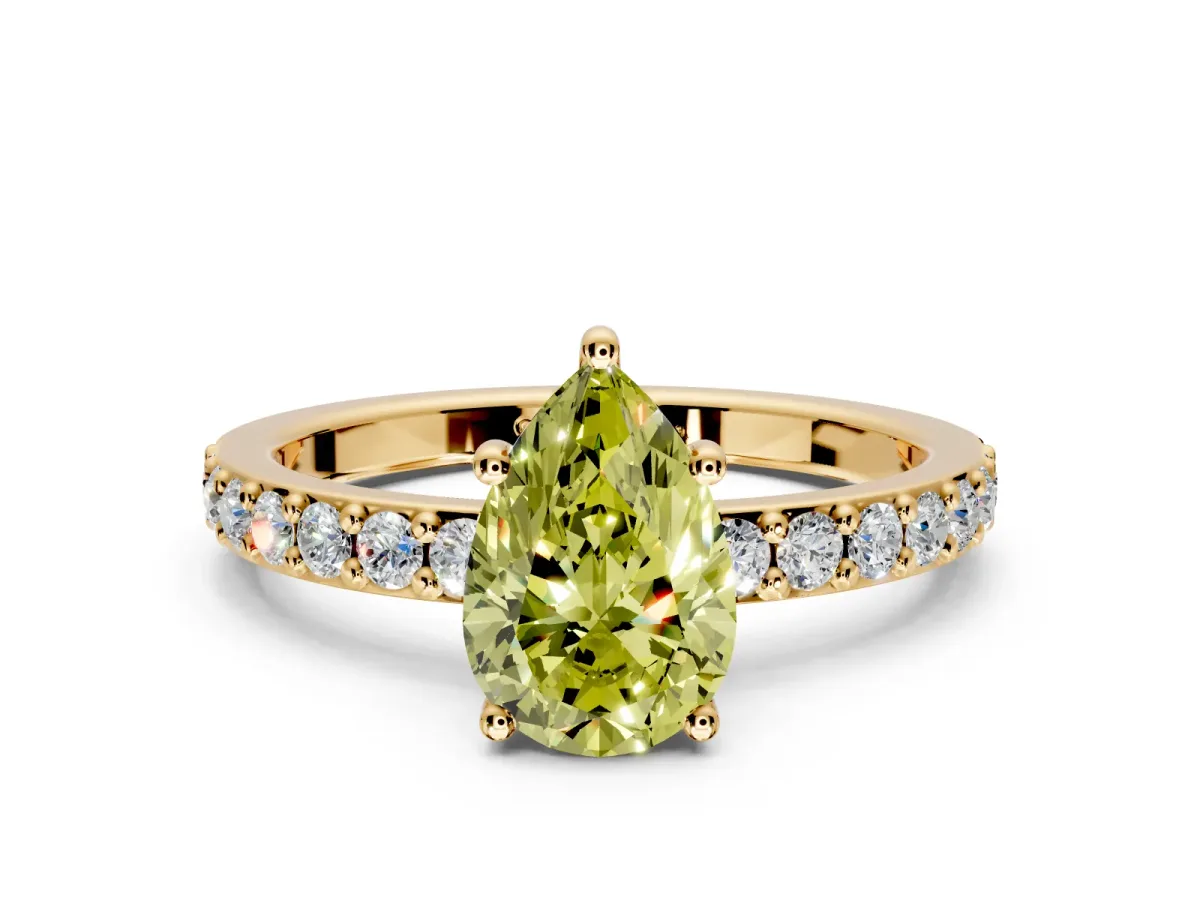 Solitaire Engagement Ring Setting for Fancy Yellow Pear-Shaped Center with Round Cut Pave Band and Prong Head in Yellow Gold