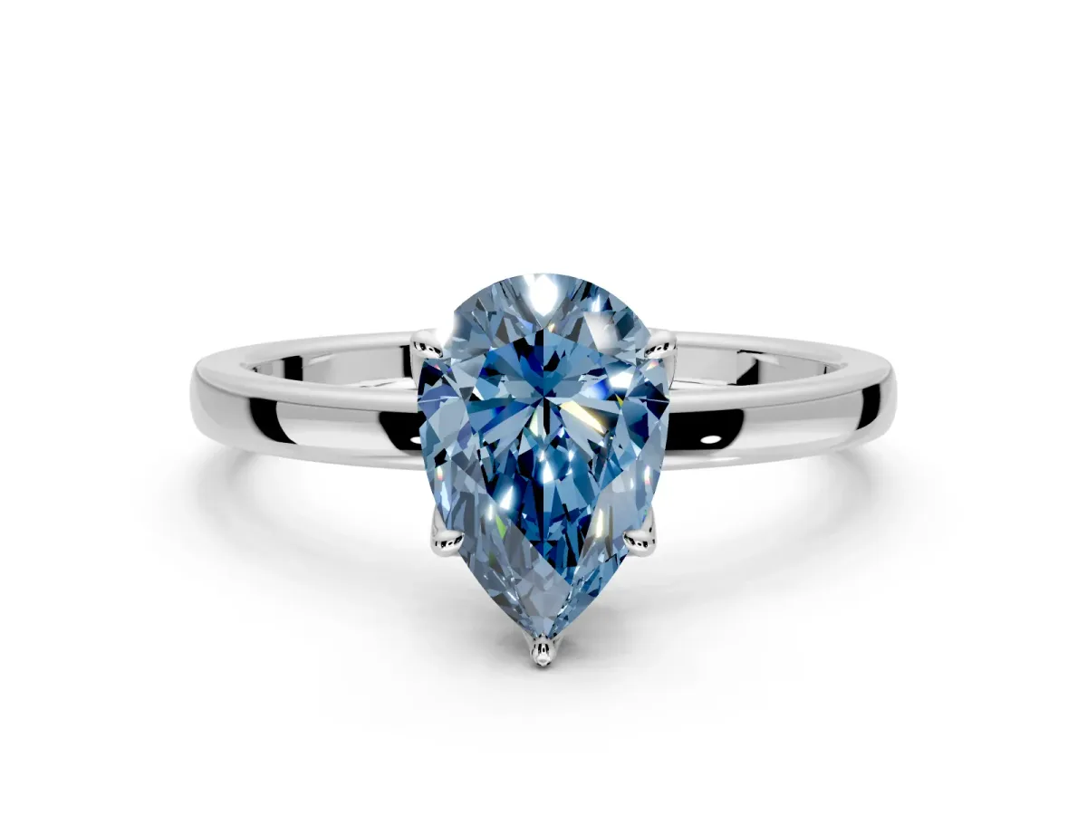 Solitaire Engagement Ring Setting for Fancy Blue Pear-Shaped Center with Thin Rounded Plain Band and Prong Head in Sterling Silver