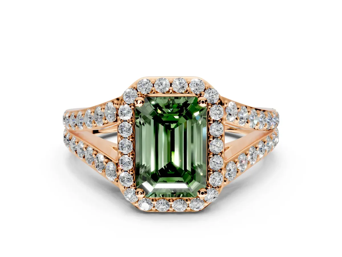 Halo Engagement Ring Setting for Fancy Green Emerald Cut Center with Narrow Pave Split Shank and Prong Head in Rose Gold