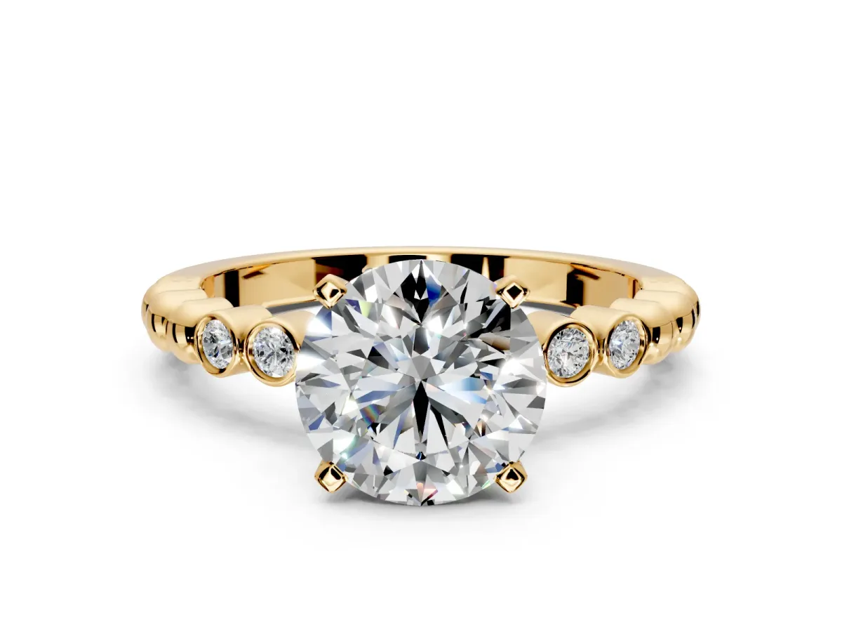 Solitaire Engagement Ring Setting for Round Cut Center with Bezel-Dot Beaded Band and Prong Head in Yellow Gold