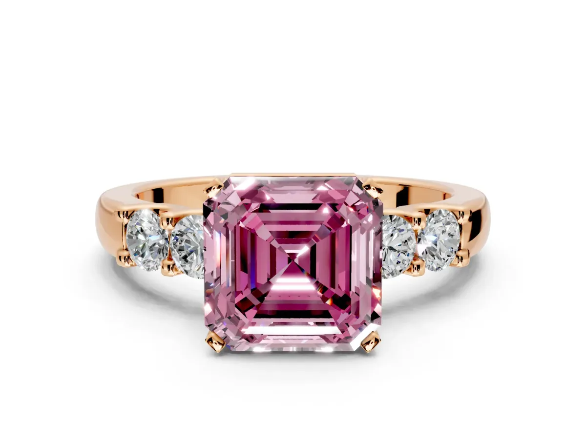 5 Stone Engagement Ring Setting for Fancy Pink Asscher Cut Center with Plain Band and Prong Head in Rose Gold