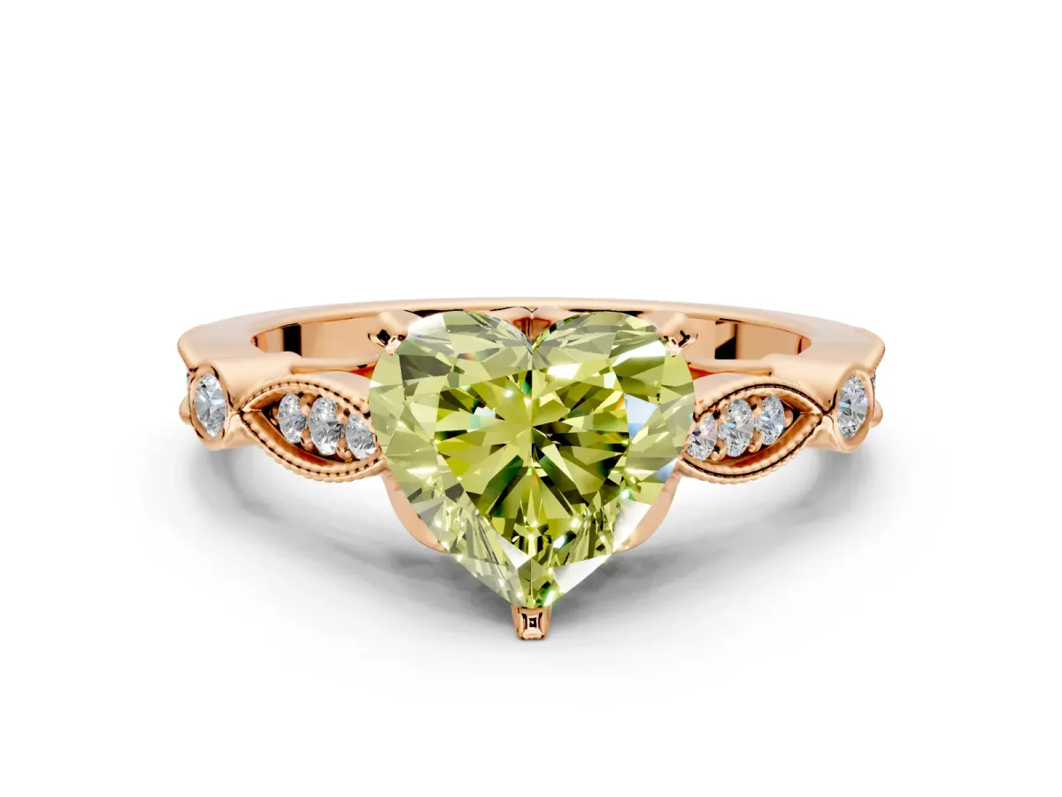 Solitaire Engagement Ring Setting for Fancy Yellow Heart-Shaped Center with Marquise and Bezel Accents and Prong Head in Rose Gold