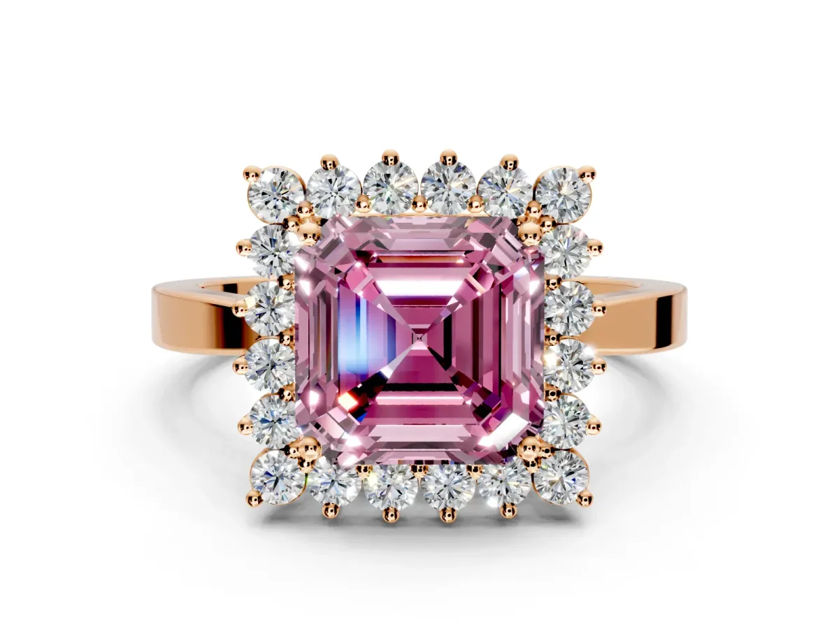 Starburst Halo Engagement Ring Setting for Fancy Pink Asscher Cut Center with Flat Cathedral Band and Prong Head in Rose Gold