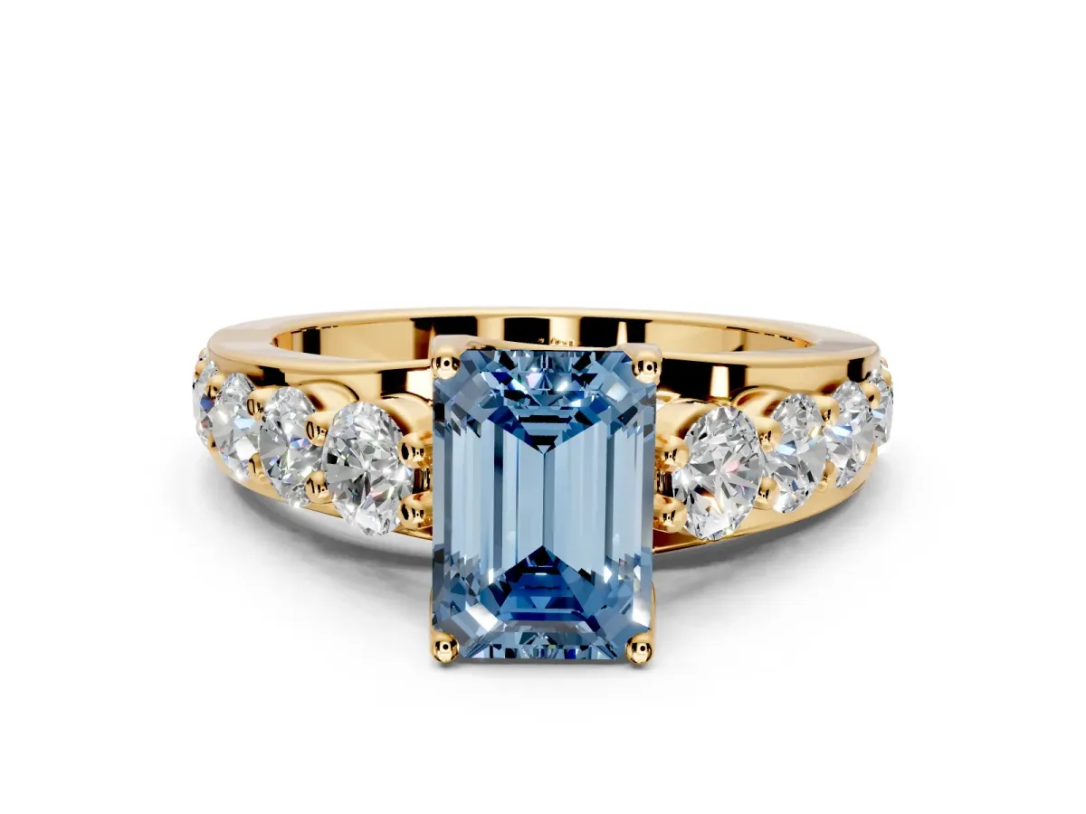 Solitaire Engagement Ring Setting for Fancy Blue Emerald Cut Center with Graduated Shared Prongs and Prong Head in Yellow Gold