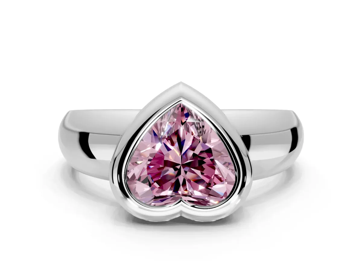 Solitaire Engagement Ring Setting for Fancy Pink Heart-Shaped Center with Wide Band and Bezel Head in Platinum