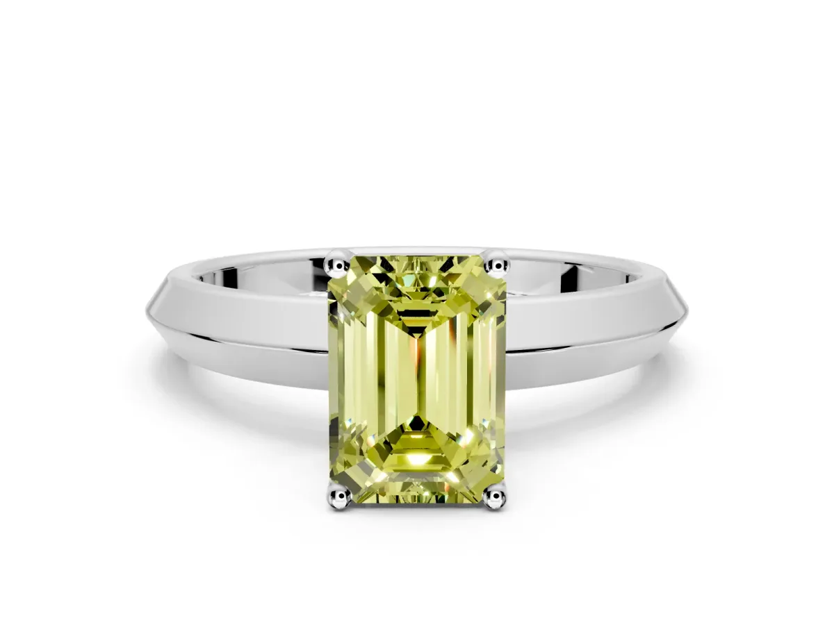 Solitaire Engagement Ring Setting for Fancy Yellow Emerald Cut Center with Wide Knife Ridge Band and Prong Head in Sterling Silver