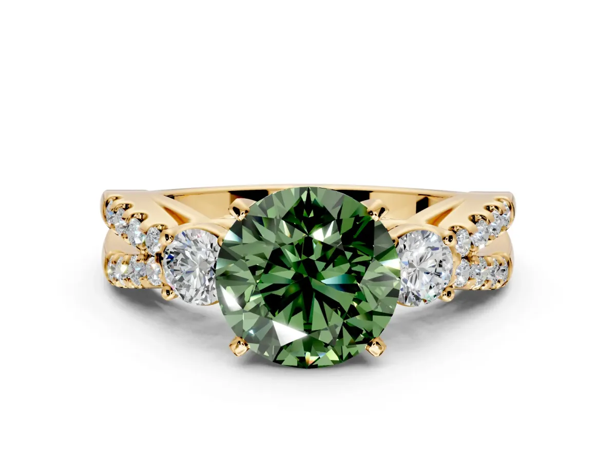 3 Stone Engagement Ring Setting for Fancy Green Round Cut Center with Pave Split Shank and Prong Head in Yellow Gold