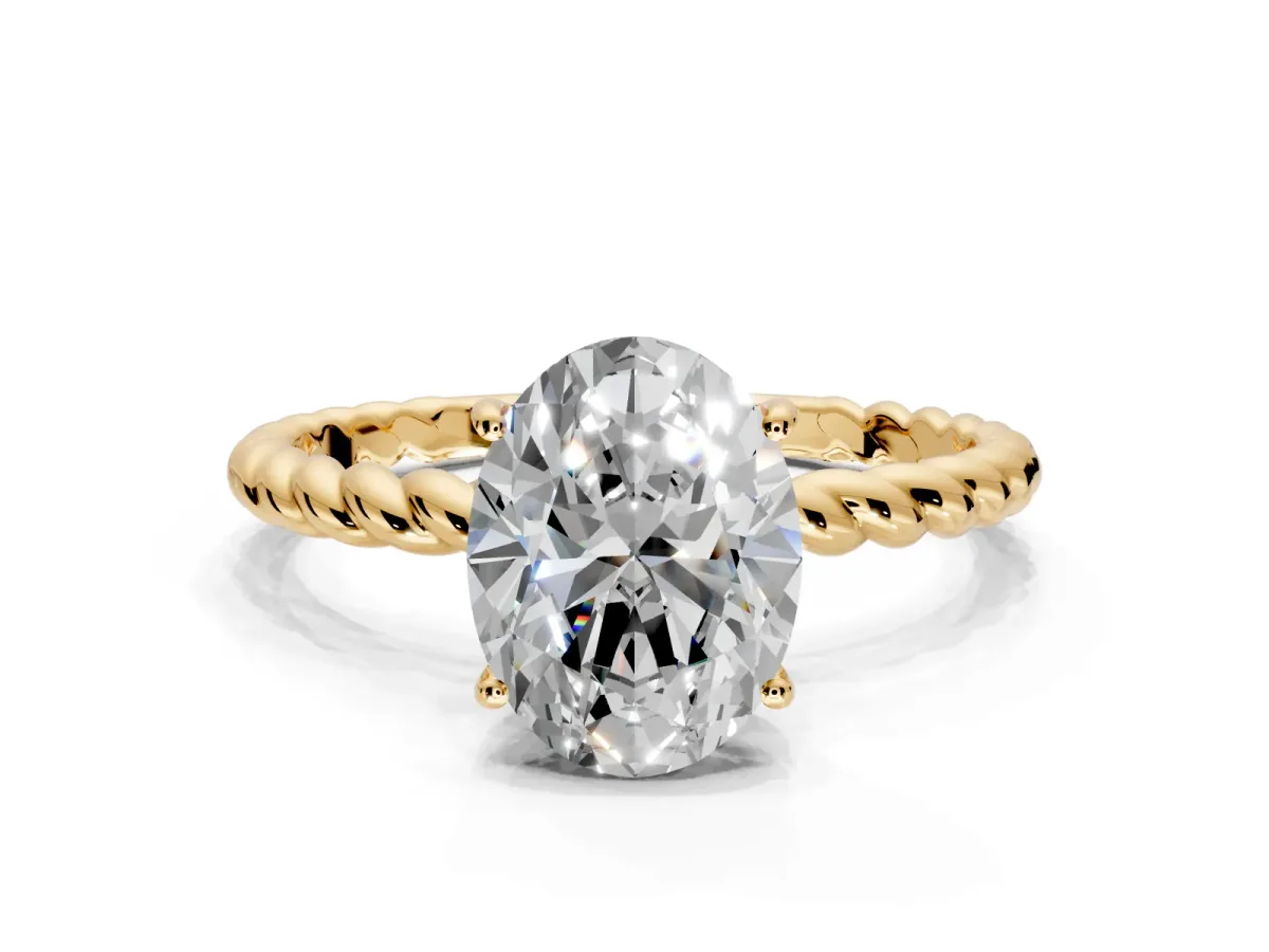 Solitaire Engagement Ring Setting for Oval Center with Plain Twisted Rope Band and Prong Head in Yellow Gold