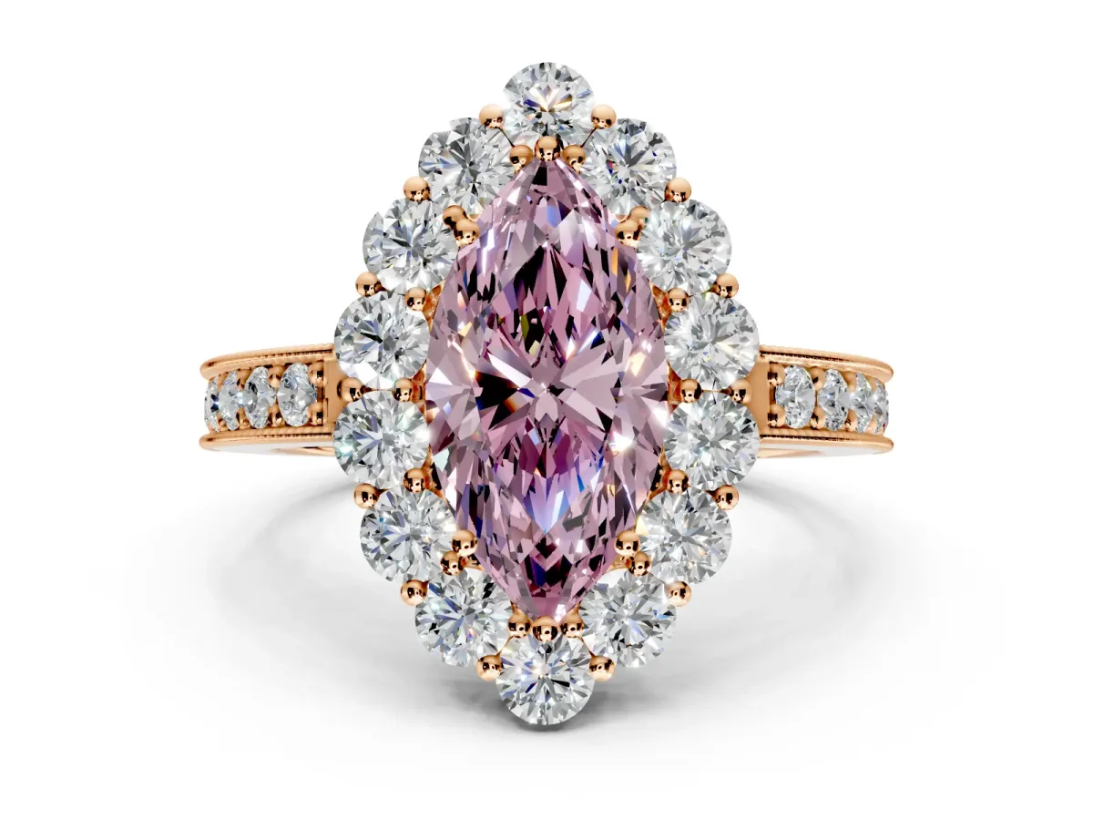 Halo Engagement Ring Setting for Fancy Pink Marquise Center with Milgrain Channel Band and Prong Head in Rose Gold