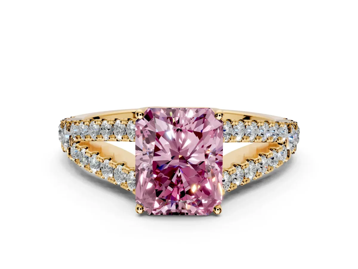 Solitaire Engagement Ring Setting for Fancy Pink Radiant Cut Center with Pave Split Shank and Prong Head in Yellow Gold