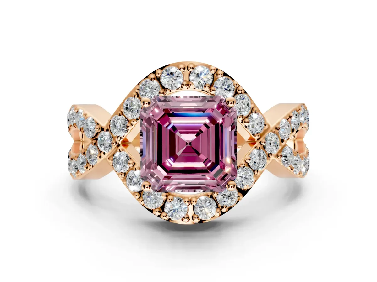 Halo Engagement Ring Setting for Fancy Pink Asscher Cut Center with Pave Infinity Twist Band and Prong Head in Rose Gold