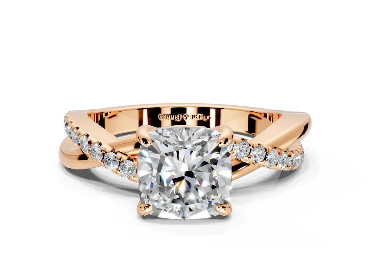 Solitaire Engagement Ring Setting for Cushion Cut Center with Half-Pave Crossover Band and Prong Head in Rose Gold