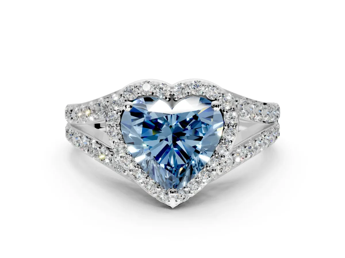 Halo Engagement Ring Setting for Fancy Blue Heart-Shaped Center with Narrow Pave Split Shank and Prong Head in Platinum