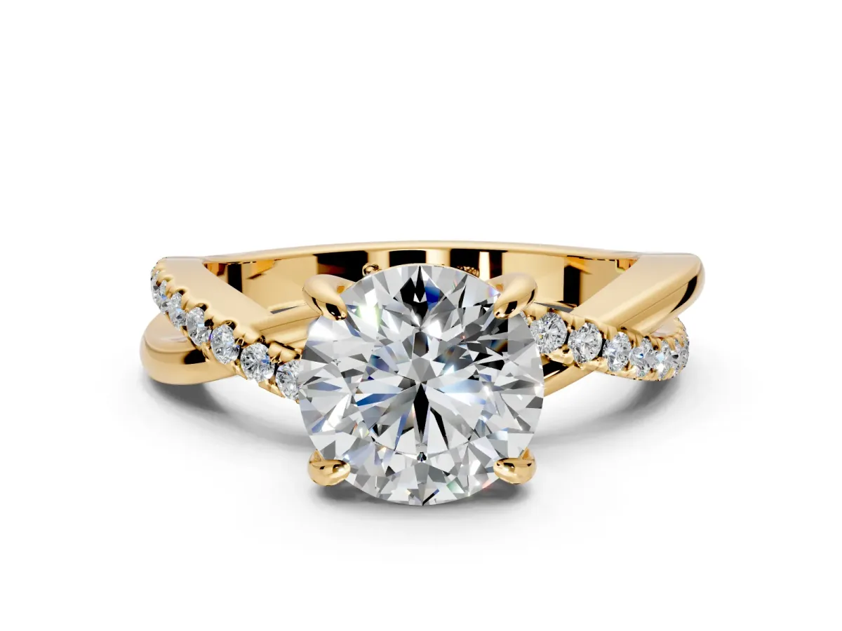 Solitaire Engagement Ring Setting for Round Cut Center with Half-Pave Crossover Band and Prong Head in Yellow Gold