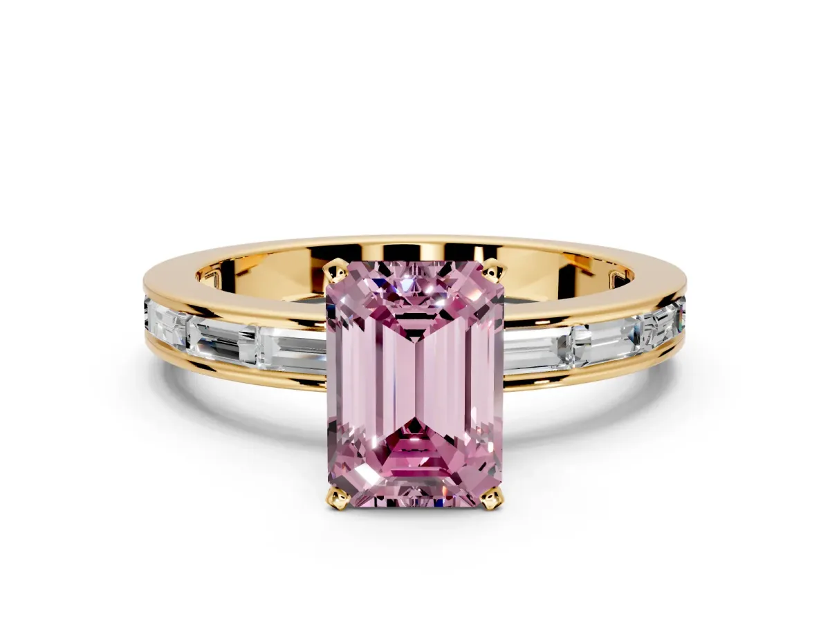 Solitaire Engagement Ring Setting for Fancy Pink Emerald Cut Center with Channel Baguette Band and Prong Head in Yellow Gold