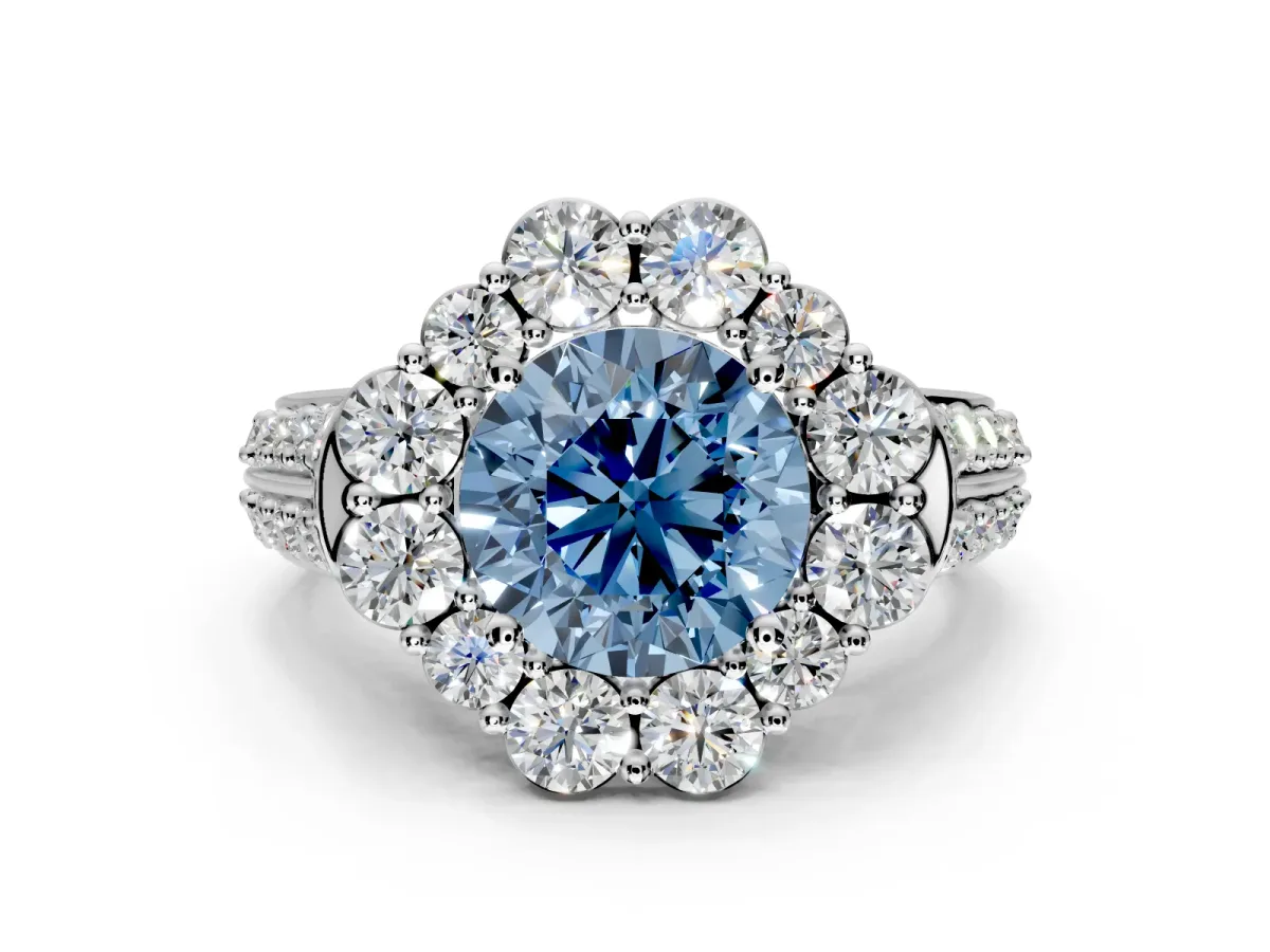 Large Accent Halo Engagement Ring Setting for Fancy Blue Round Cut Center with Pave Split Shank and Prong Head in Sterling Silver