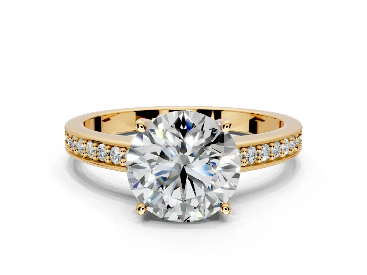 Solitaire Engagement Ring Setting for Round Cut Center with Channel-Set Accent Band and Prong Head in Yellow Gold