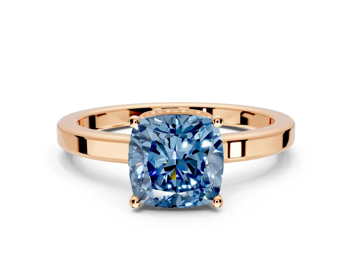 Hidden Halo Engagement Ring Setting for Fancy Blue Cushion Cut Center with Wide Flat Plain Band and Prong Head in Rose Gold