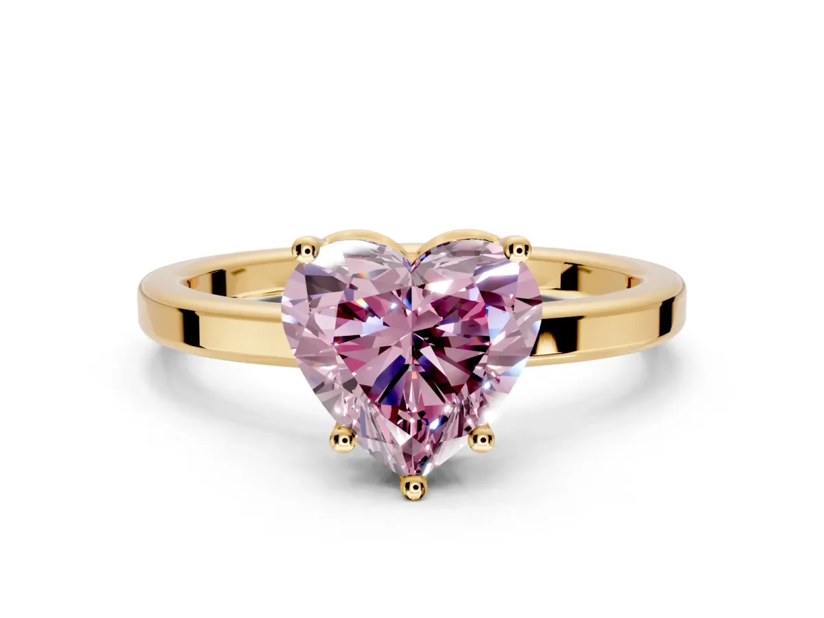 Hidden Halo Engagement Ring Setting for Fancy Pink Heart-Shaped Center with Wide Flat Plain Band and Prong Head in Yellow Gold