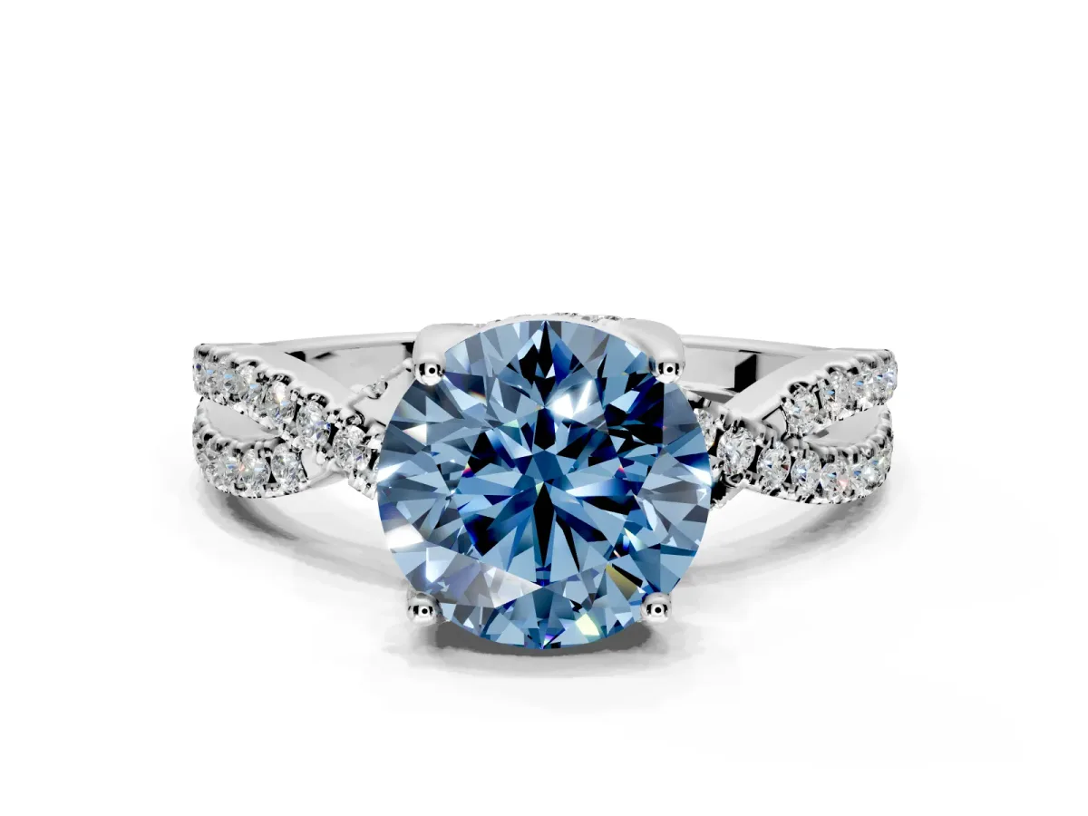 Solitaire Engagement Ring Setting for Fancy Blue Round Cut Center with Narrow Twist Pave Band and Prong Head in White Gold