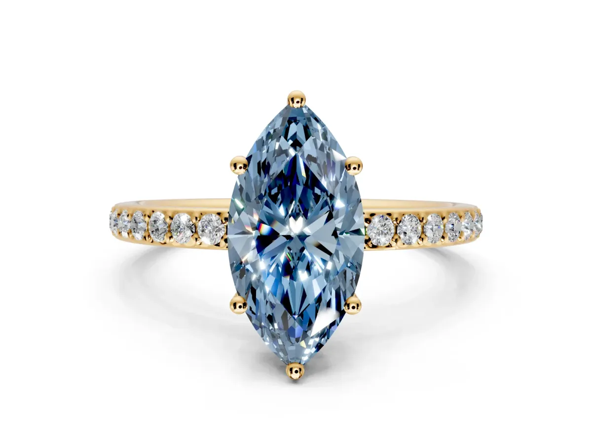 Solitaire Engagement Ring Setting for Fancy Blue Marquise Center with Fine Pave Band and Prong Head in Yellow Gold