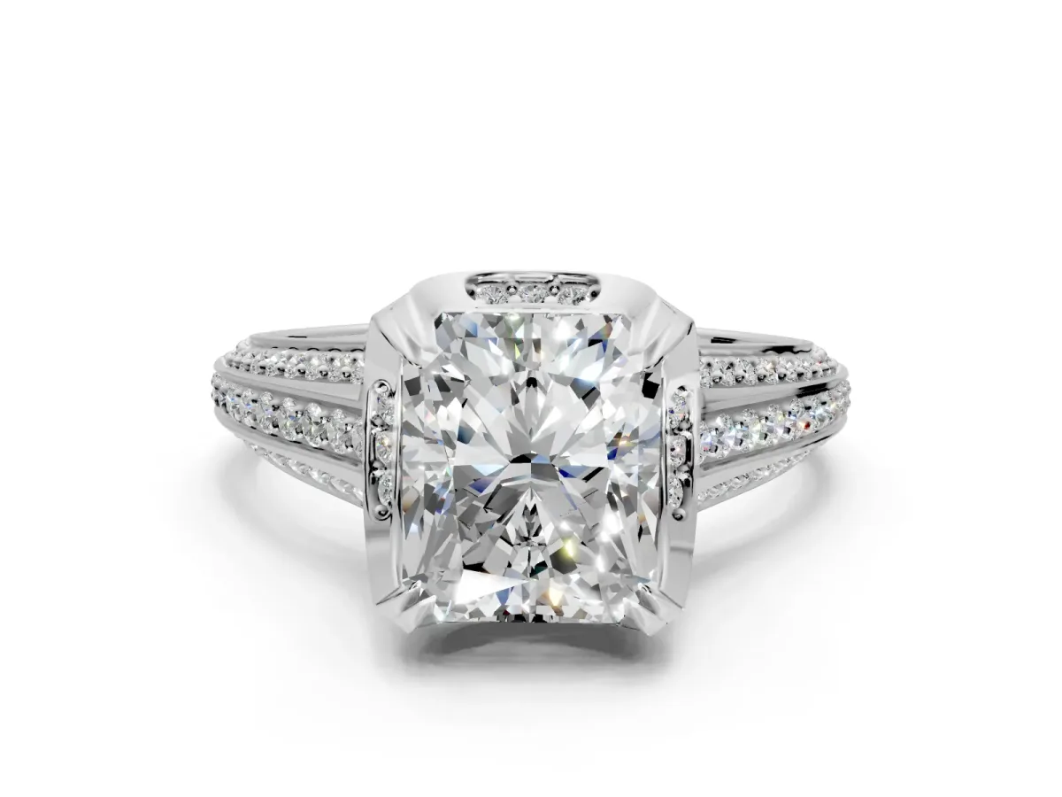 Solitaire Engagement Ring Setting for Radiant Cut Center with Accented Split Shank and Prong Head in White Gold