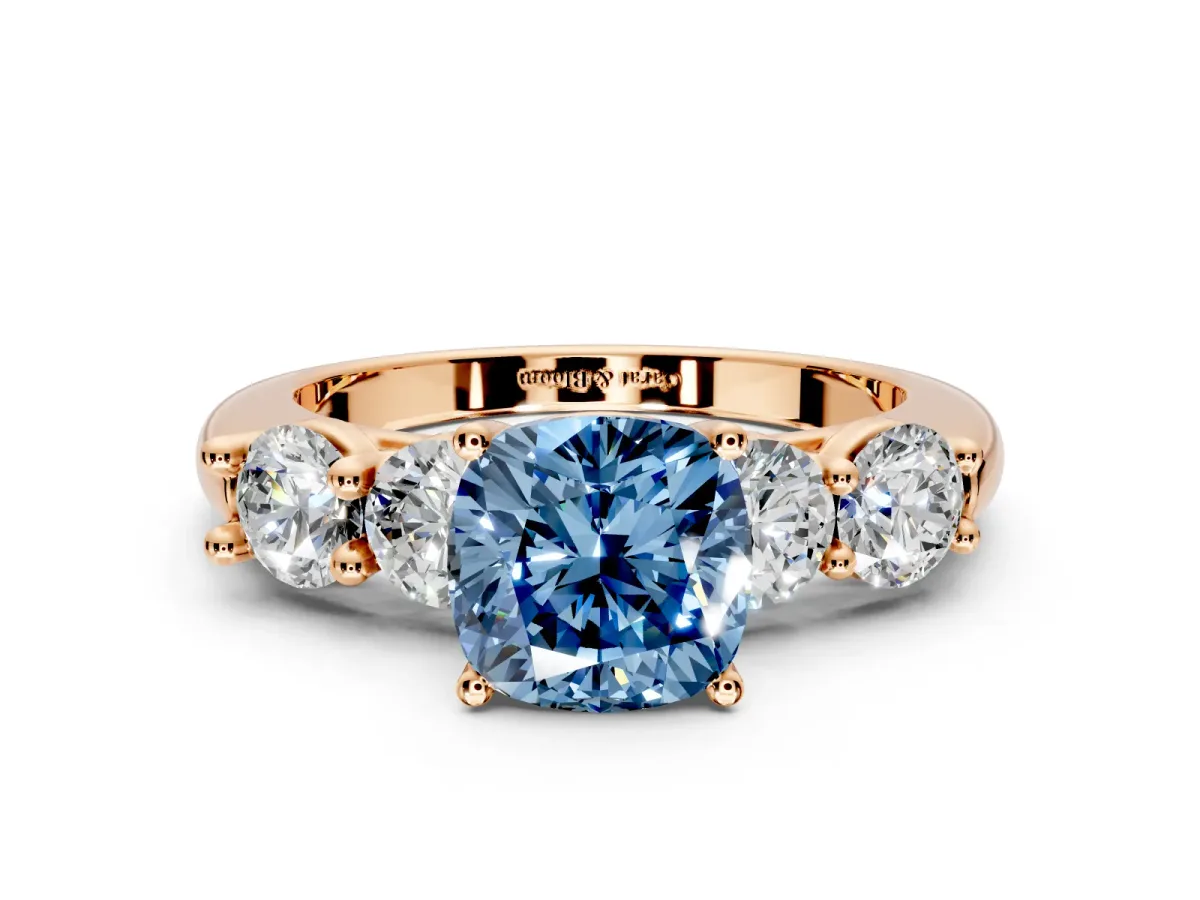 5 Stone Engagement Ring Setting for Fancy Blue Cushion Cut Center with Graduated Accents and Prong Head in Rose Gold