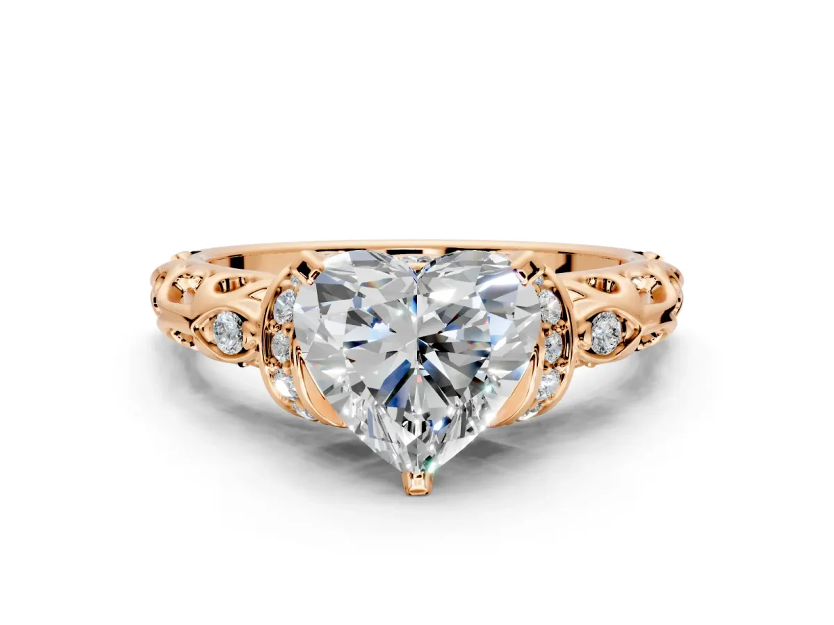 Solitaire Engagement Ring Setting for Heart-Shaped Center with Filigree Band and Prong Head in Rose Gold