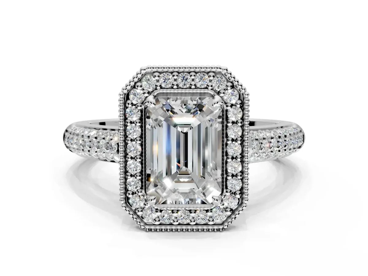 Milgrain Halo Engagement Ring Setting for Emerald Cut Center with Three-Sided Pave Band and Prong Head in Sterling Silver