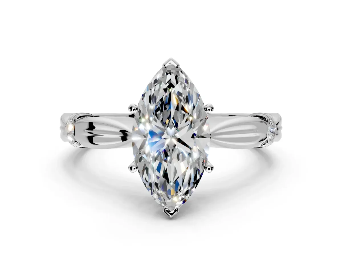 Solitaire Engagement Ring Setting for Marquise Center with Carved Leaf Shoulders and Prong Head in Sterling Silver