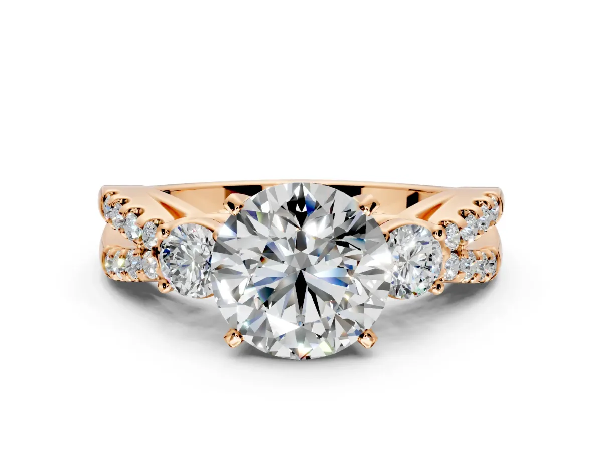 3 Stone Engagement Ring Setting for Round Cut Center with Pave Split Shank and Prong Head in Rose Gold