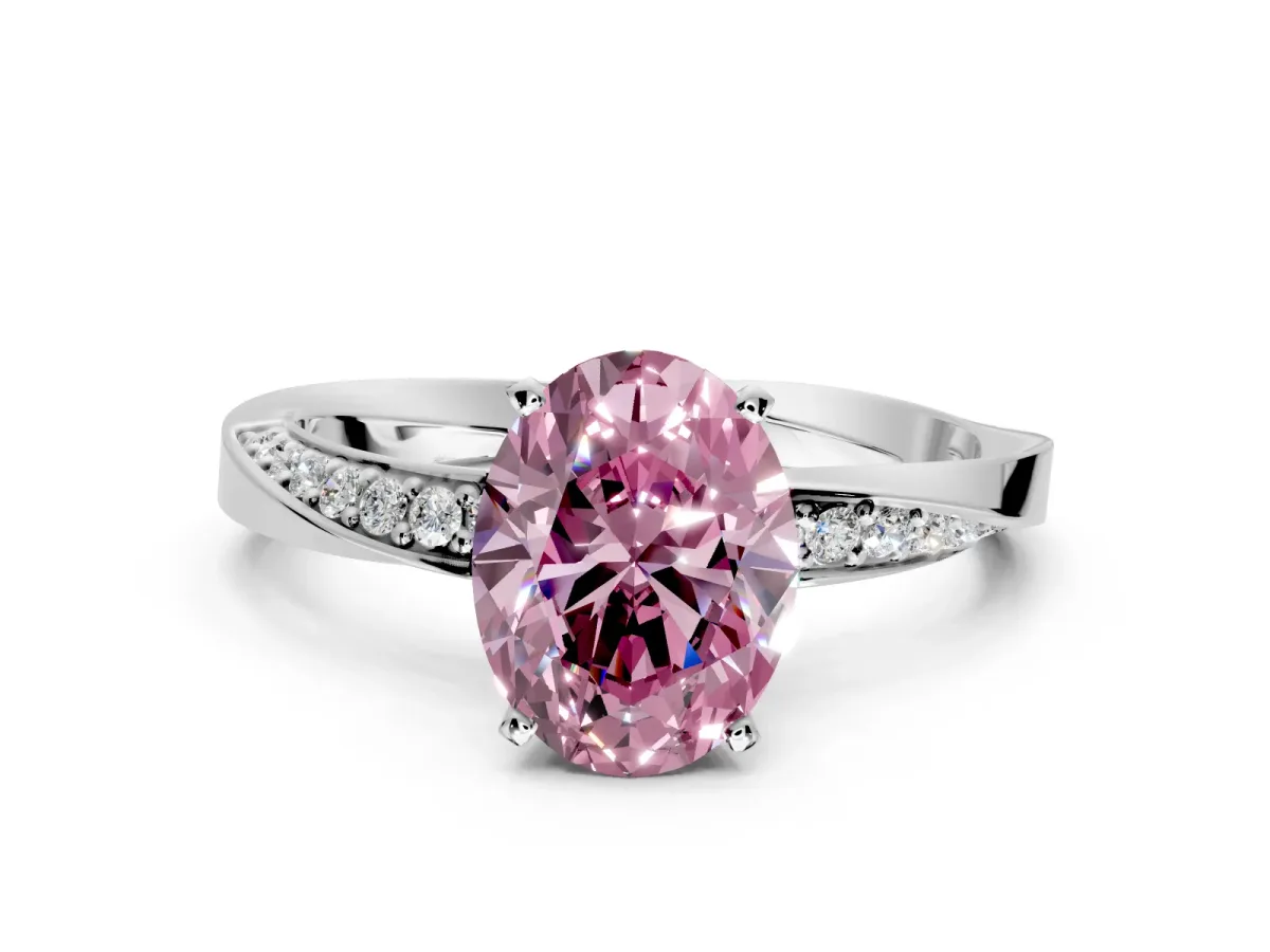 Side Accent Engagement Ring Setting for Fancy Pink Oval Center with Accent Shoulders and Prong Head in Platinum