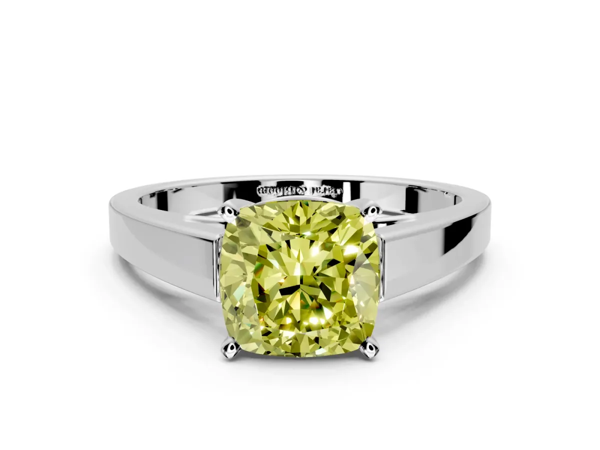 Solitaire Engagement Ring Setting for Fancy Yellow Cushion Cut Center with Tapered Split Shoulders and Prong Head in Platinum