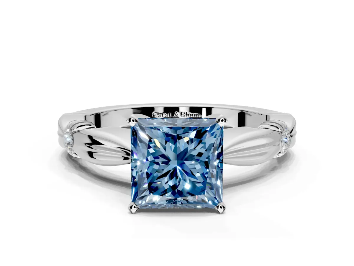 Solitaire Engagement Ring Setting for Fancy Blue Princess Cut Center with Carved Leaf Shoulders and Prong Head in Sterling Silver