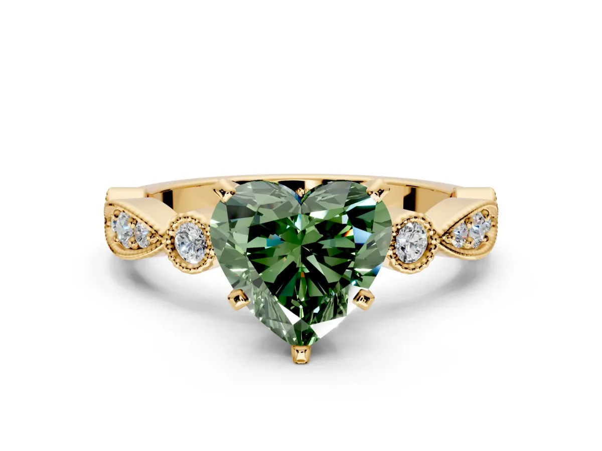 Solitaire Engagement Ring Setting for Fancy Green Heart-Shaped Center with Milgrain Bezel Accents and Prong Head in Yellow Gold