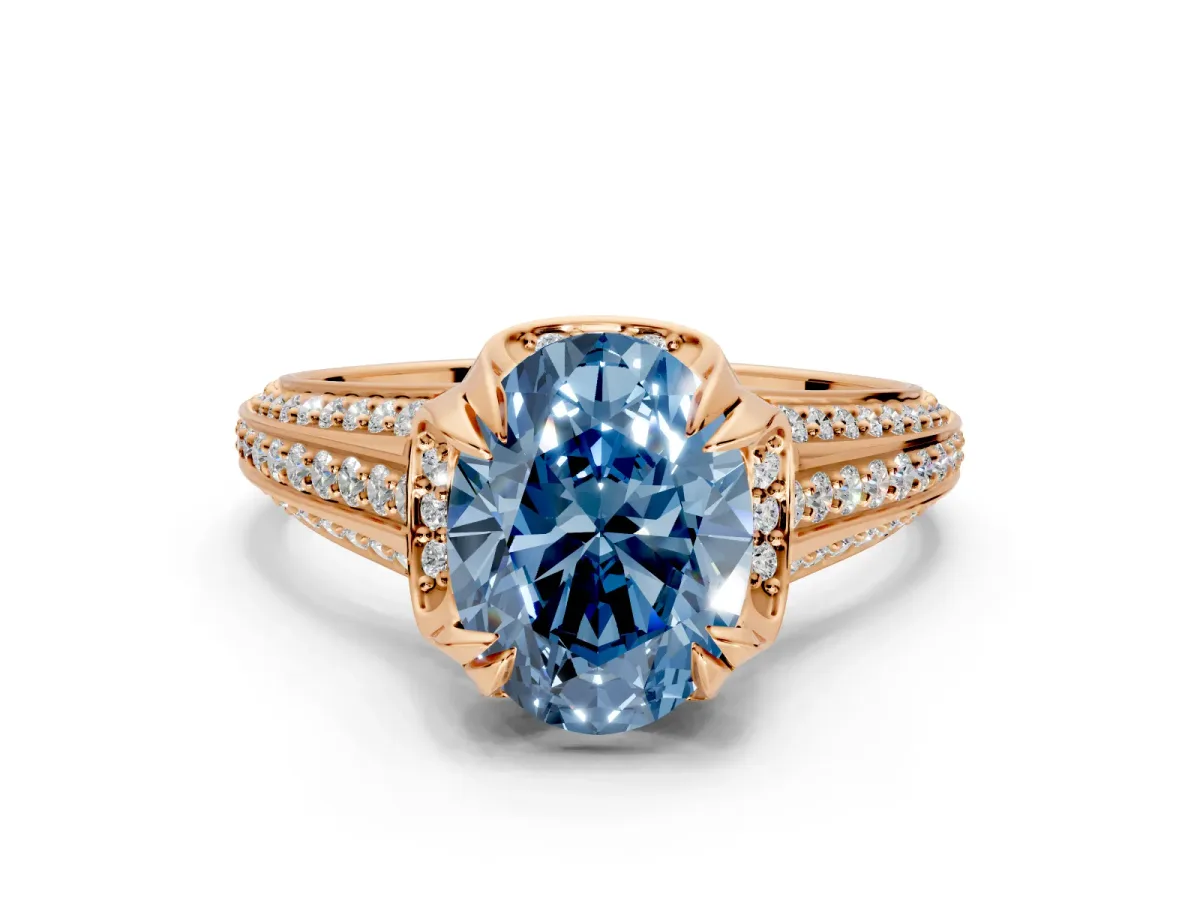 Solitaire Engagement Ring Setting for Fancy Blue Oval Center with Accented Split Shank and Prong Head in Rose Gold