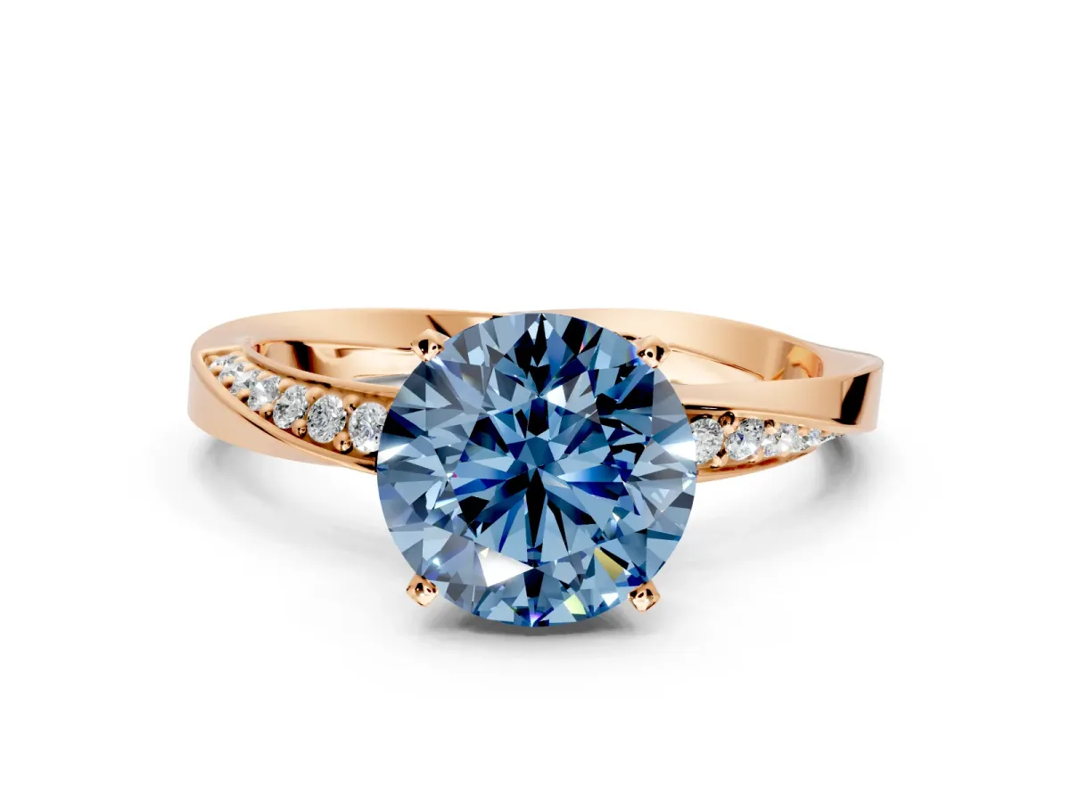 Side Accent Engagement Ring Setting for Fancy Blue Round Cut Center with Accent Shoulders and Prong Head in Rose Gold