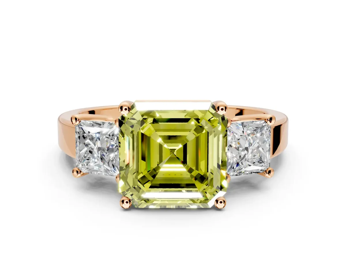 3 Stone Engagement Ring Setting for Fancy Yellow Asscher Cut Center with Matching Side Accents and Prong Head in Rose Gold