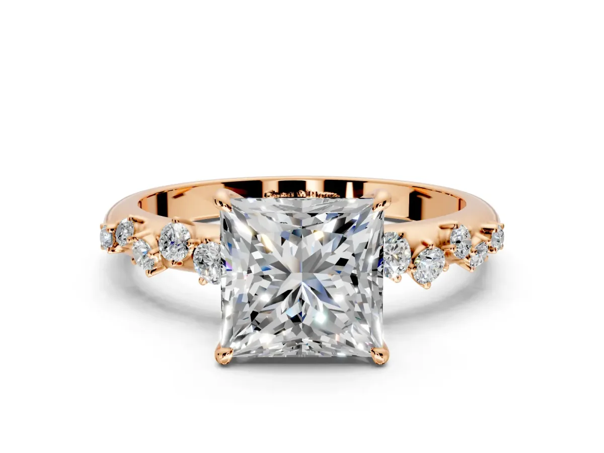 Cluster Engagement Ring Setting for Princess Cut Center with Round Cut Accent Band and Prong Head in Rose Gold