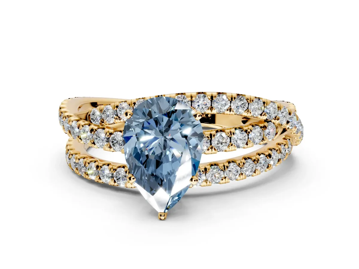 Solitaire Engagement Ring Setting for Fancy Blue Pear-Shaped Center with Woven 3-Strand Pave Band and Prong Head in Yellow Gold
