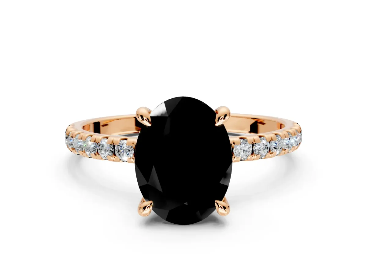 Solitaire Engagement Ring Setting for Fancy Black Oval Center with Fine Pave Narrow Band and Prong Head in Rose Gold