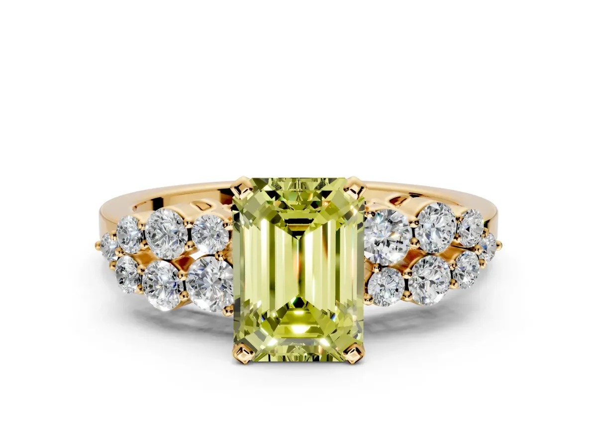 Cluster Engagement Ring Setting for Fancy Yellow Emerald Cut Center with 2-Row Shoulder Clusters and Prong Head in Yellow Gold