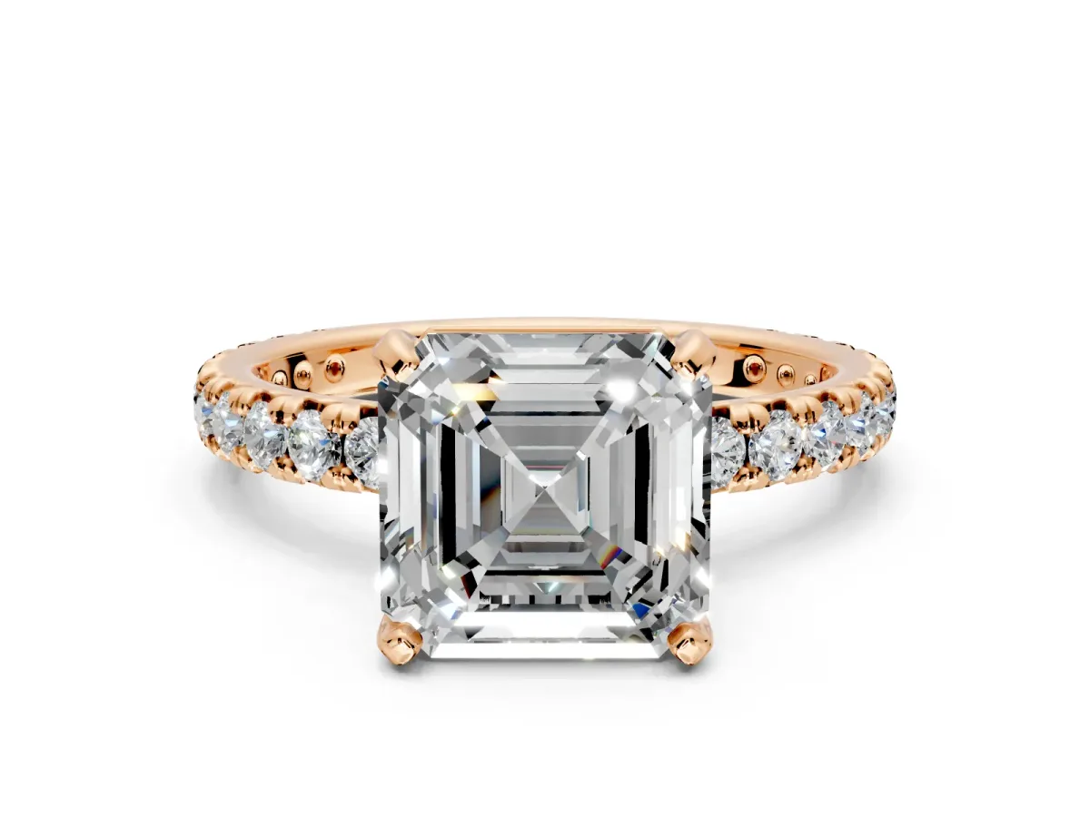 Solitaire Engagement Ring Setting for Asscher Cut Center with Shared-Prong Accents and Prong Head in Rose Gold