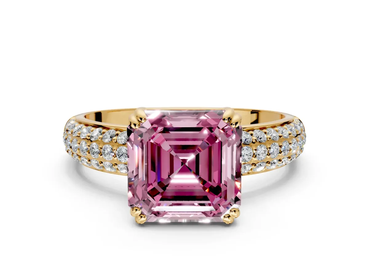 Solitaire Engagement Ring Setting for Fancy Pink Asscher Cut Center with Multi-Row Pave Accents and Basket Head in Yellow Gold