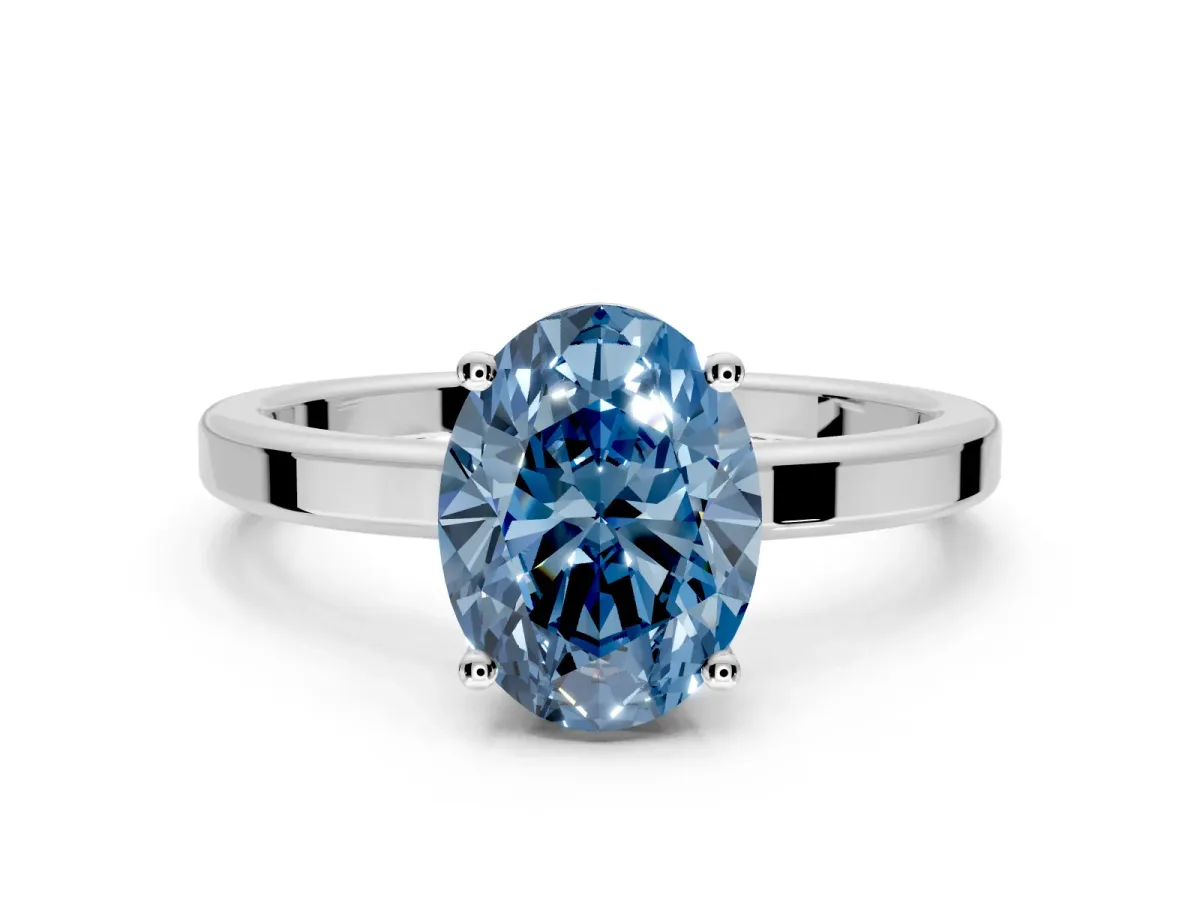 Hidden Halo Engagement Ring Setting for Fancy Blue Oval Center with Wide Flat Plain Band and Prong Head in Sterling Silver