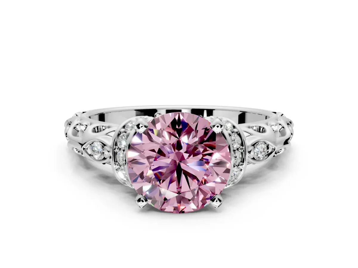 Solitaire Engagement Ring Setting for Fancy Pink Round Cut Center with Filigree Band and Prong Head in White Gold