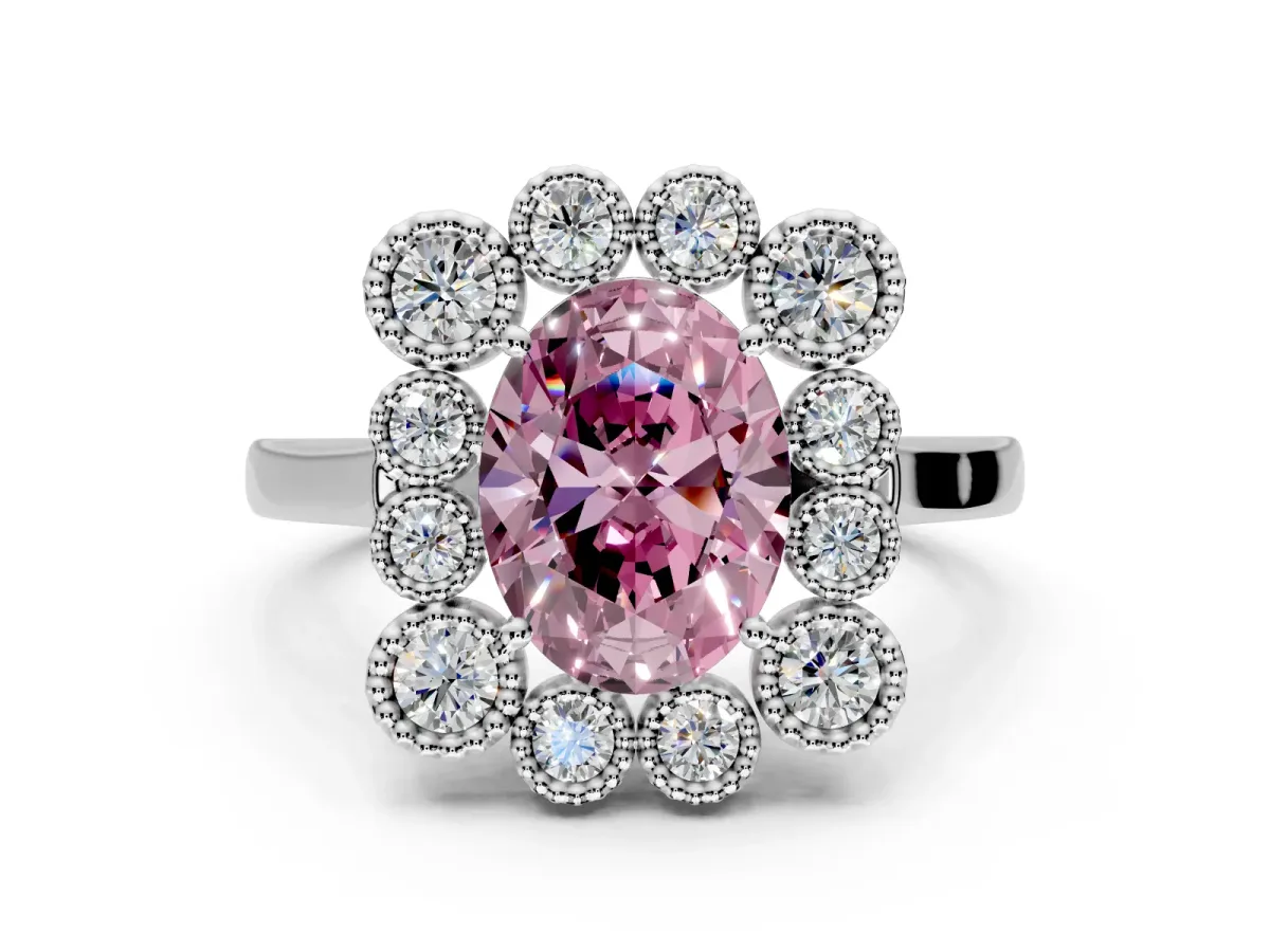 Cluster Halo Engagement Ring Setting for Fancy Pink Oval Center with Milgrain Bezel Accents and Prong Head in White Gold