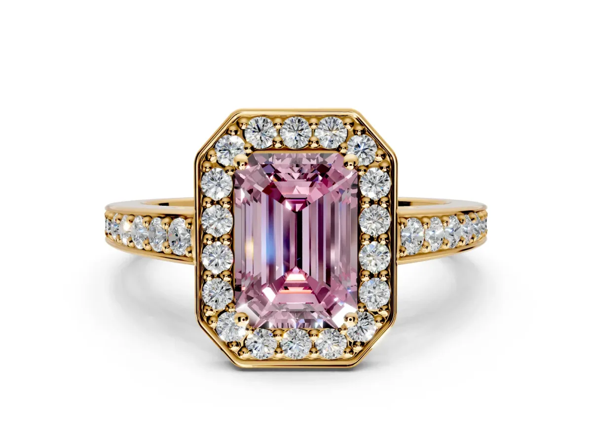 Bezel-Framed Halo Engagement Ring Setting for Fancy Pink Emerald Cut Center with Pave Band and Prong Head in Yellow Gold