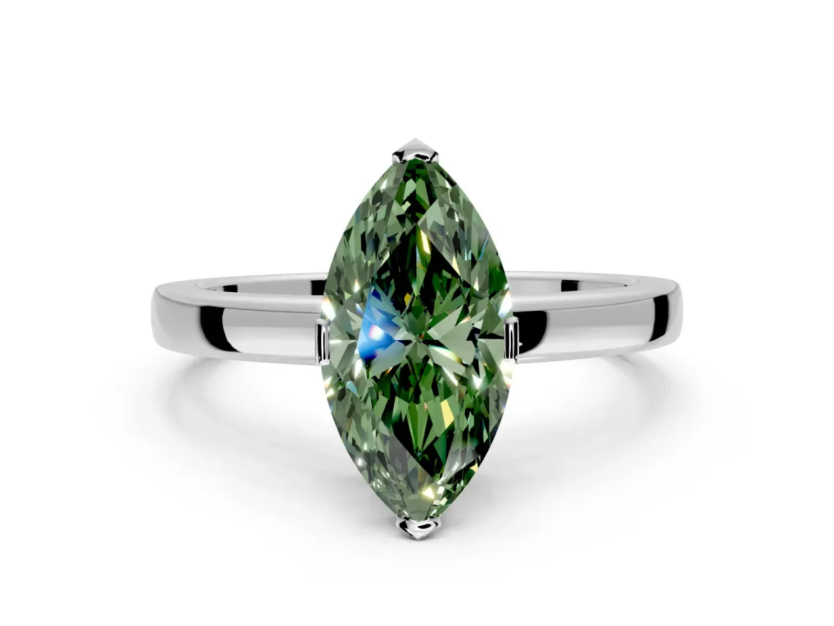Solitaire Engagement Ring Setting for Fancy Green Marquise Center with Plain Band and Flat Tab Prong Head in White Gold