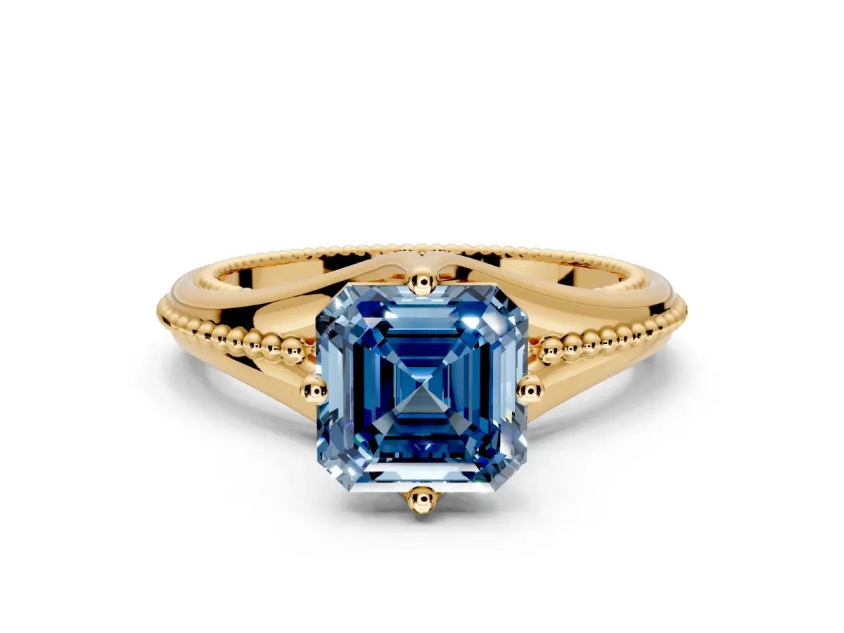Solitaire Engagement Ring Setting for Fancy Blue Asscher Cut Center with Milgrain Cathedral Band and Prong Head in Yellow Gold